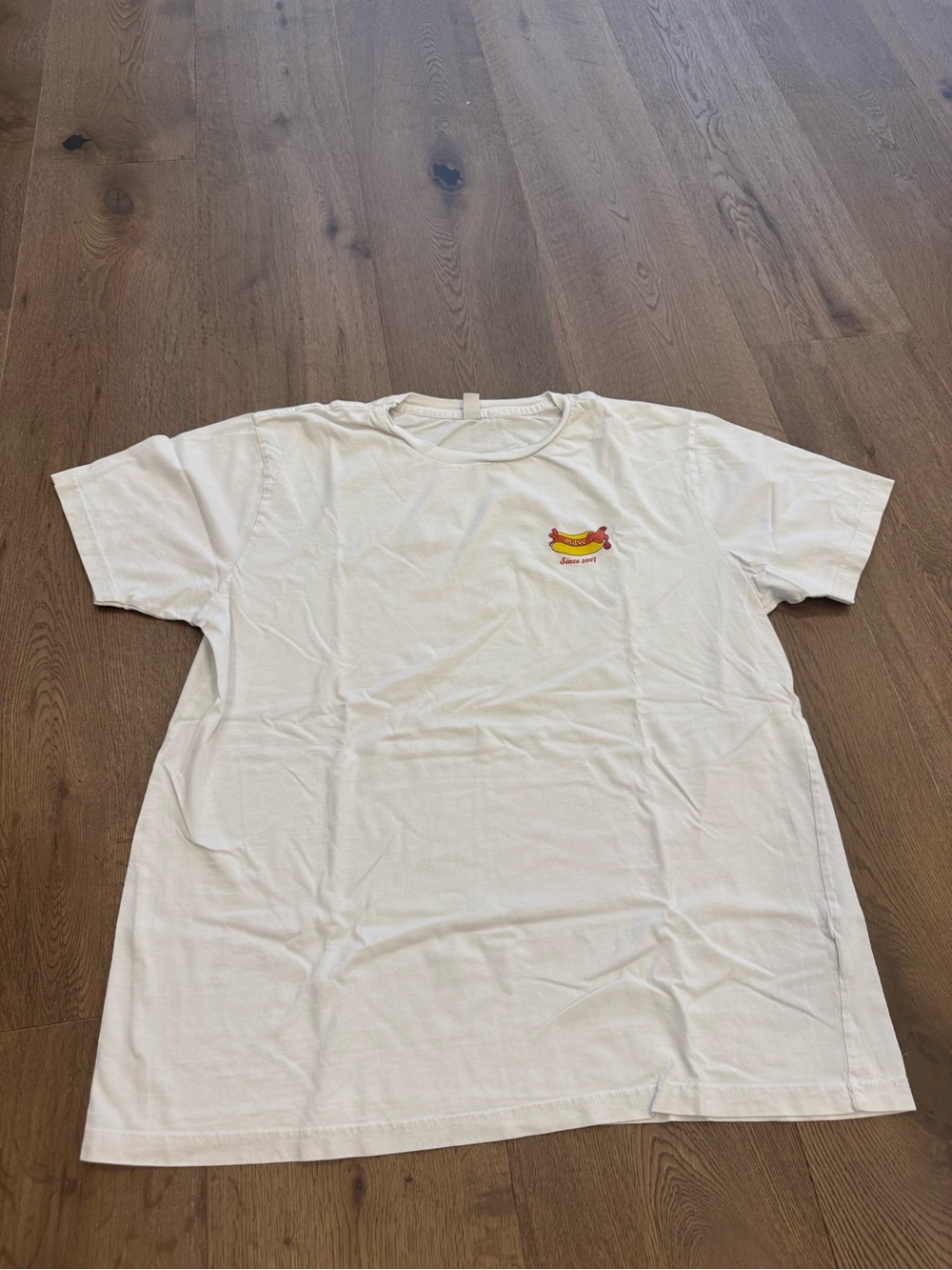 White Graphic Crewneck T-Shirt with Small Hotdog Motif